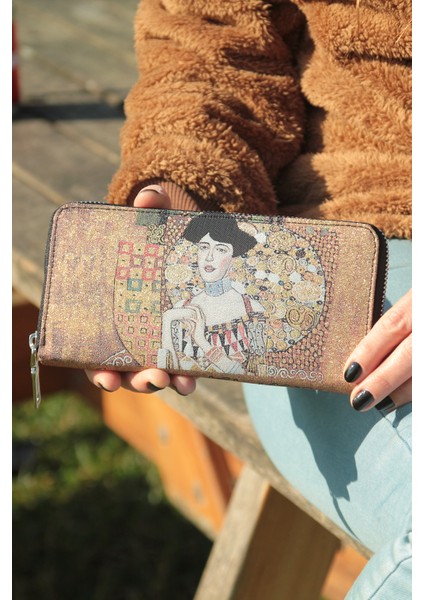 Kadın Cüzdan ve Kartlık - Metalik Sarı Renkli-Gustav Klimt Tablosu - Dokuma KUMAŞLI-9,75CM x 19,50CM