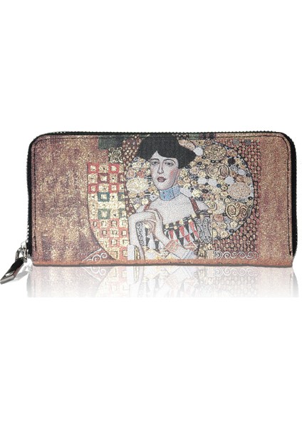 Kadın Cüzdan ve Kartlık - Metalik Sarı Renkli-Gustav Klimt Tablosu - Dokuma KUMAŞLI-9,75CM x 19,50CM