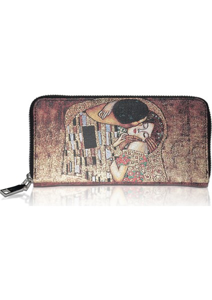 Kadın Cüzdan ve Kartlık - Metalik Sarı Renkli-Gustav Klimt Tablosu - Dokuma KUMAŞLI-9,75CM x 19,50CM