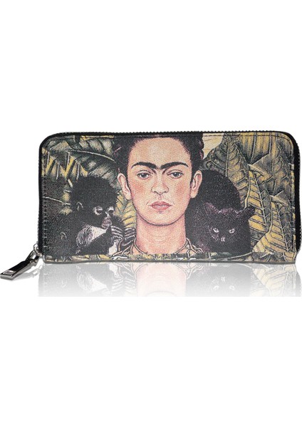 Kadın Cüzdan ve Kartlık - Sarı & Siyah Renkli - Frida Kahlo Tablosu-Dokuma Kumaşlı - 9,75 x 19,50 cm