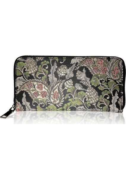 Kadın Cüzdan ve Kartlık-Metalik Sarı Detay-Siyah-Victorian Çiçek Deseni-Dokuma Kumaşlı- 9,75X19,50CM