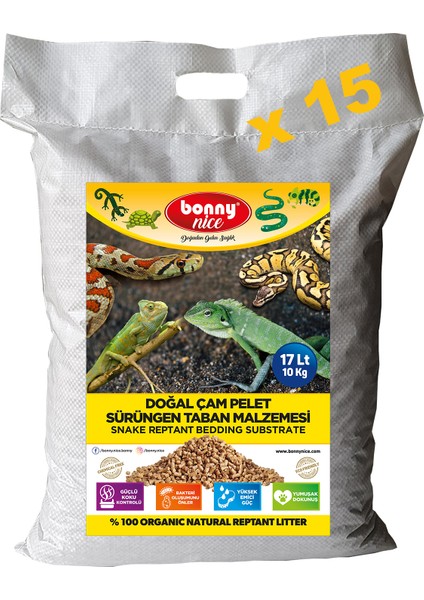 Bonny Nice Doğal Çam Pellet Sürüngen Taban Malzemesi 10 kg 17 L x 15 Paket