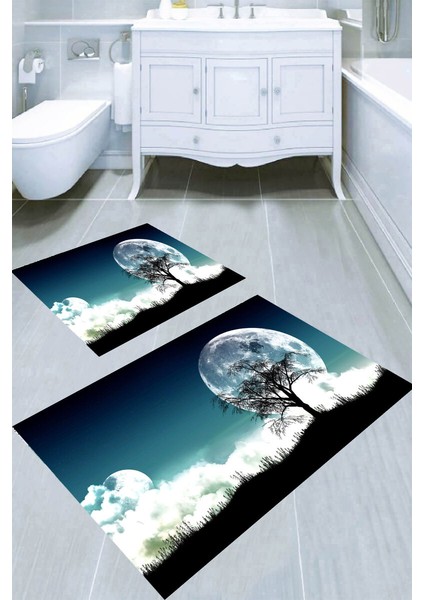 2'li Ağaç Gölgesi Desenli 50 x 60 cm - 60 x 100 cm Banyo Paspası
