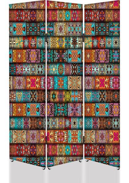Motif Desenli 3 Kanat Tekerlekli Kanvas Paravan