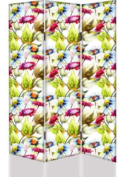 Çiçek Desenli 3 Kanat Tekerlekli Kanvas Paravan