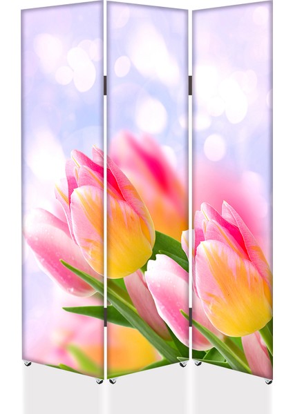 Pembe Laleler 3 Kanat Tekerlekli Kanvas Paravan