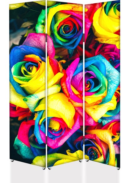 Renkli Güller 3 Kanat Tekerlekli Kanvas Paravan