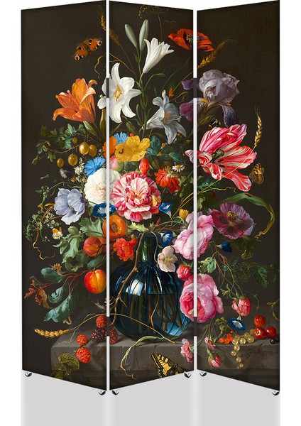 Vazoda Çiçekler 3 Kanat Tekerlekli Kanvas Paravan
