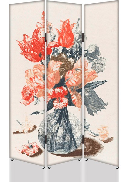 Vazoda Çiçekler 3 Kanat Tekerlekli Kanvas Paravan