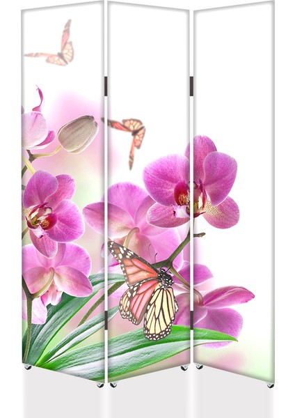 Pembe Orkide 3 Kanat Tekerlekli Kanvas Paravan