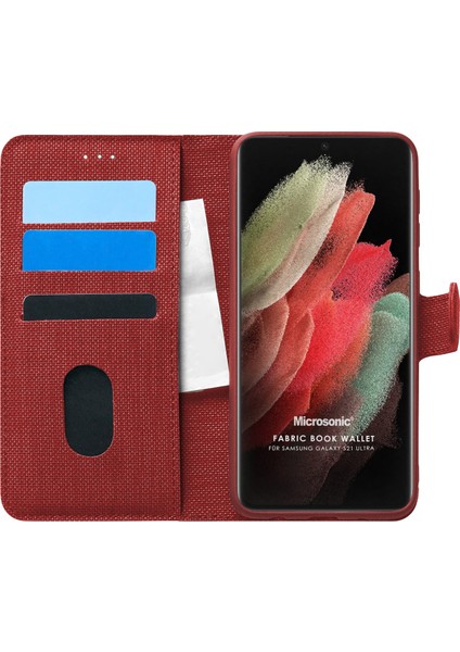 Samsung Galaxy S21 Ultra Kılıf Fabric Book Wallet Kırmızı