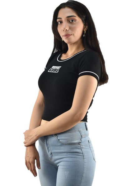 7427 Ordinary Girl Baskılı Crop - Siyah fiyatları