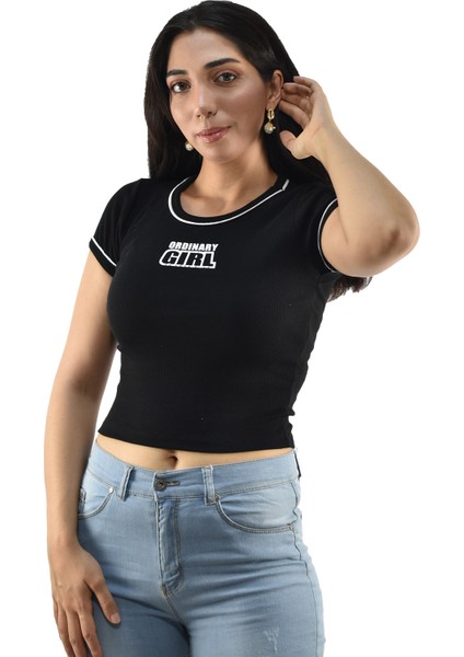 7427 Ordinary Girl Baskılı Crop - Siyah