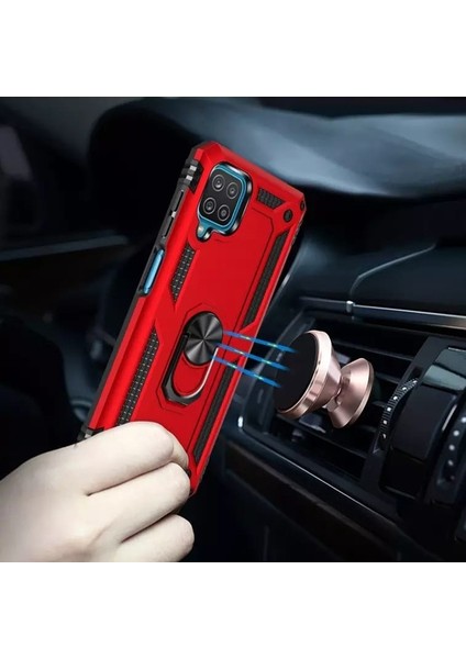 Samsung Galaxy A12 Kılıf Tank Koruma Vega Standlı Yüzüklü Mıknatıslı Lacivert