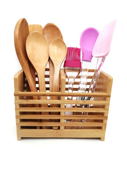 Standlı Silikon- Ahşap Kepçe Kaşık Spatula Servis Seti 9prç-