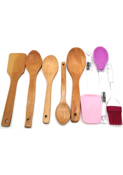 Standlı Silikon- Ahşap Kepçe Kaşık Spatula Servis Seti 9prç- fiyatları
