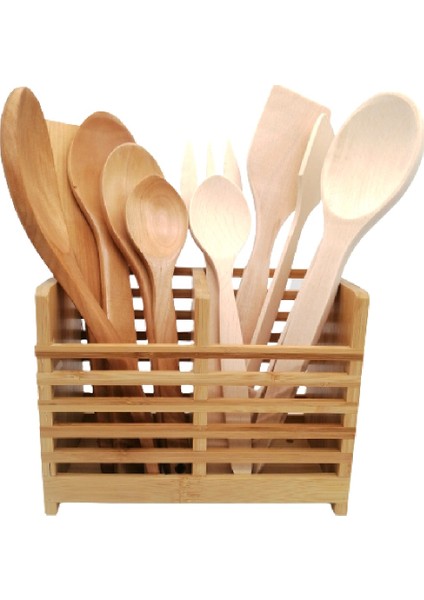 Standlı Ahşap Kepçe Kaşık Spatula Maşa Servis Seti 11PRÇ-KRŞK