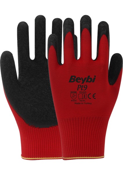 Pl9 Kırmızı Siyah Tırtıklı Camcı Eldiveni ( 12 Çift ) No:9