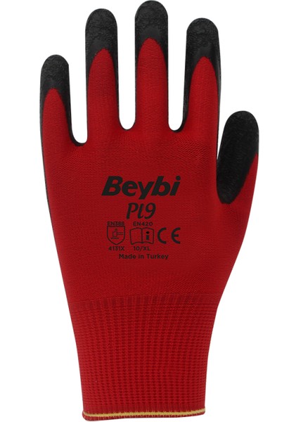 Pl9 Kırmızı Siyah Camcı Eldiveni ( 12 Çift ) No:10