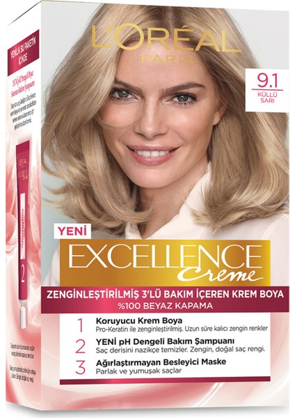 Loreal Paris Excellence Creme 3'lü Bakım Içeren Krem Boya Sarı Küllü 9.1