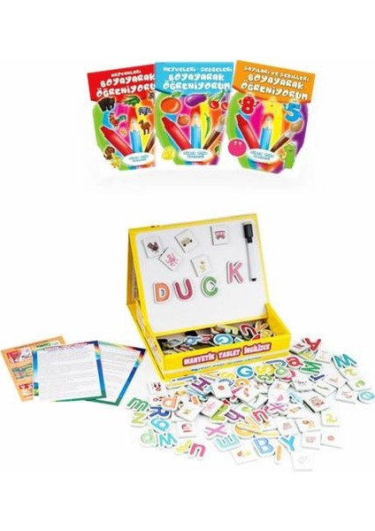 Manyetikli Harfli Tablet Yazı Tahtası + 3 Boyama Kitabı - Mıknatıs Harfler - Mıknatıslı Tablet Kutu