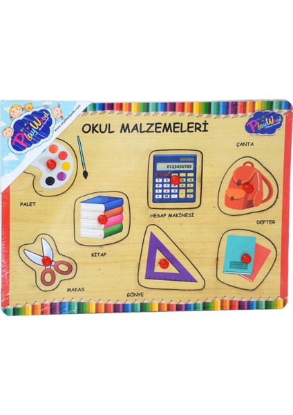 Ahşap Tutmalı Okul Malzemeleri Puzzle