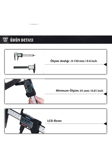 Kumpas Dijital Karbon Fiber Hassas 150MM Kalınlık Ölçer Pil Dahil