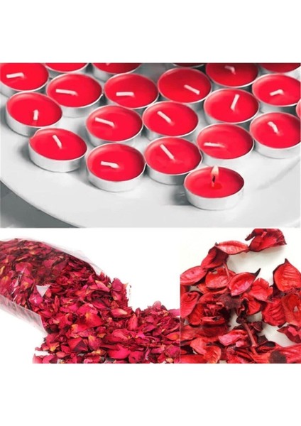 1000 Adet Kuru Gül Yaprağı + 25 Adet Kırmızı Tealight Mum Romantik Süsleme