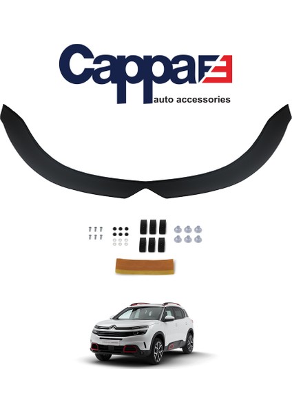 Citroen C5 Aircross Ön Kaput Koruyucu Rüzgarlık Deflektör Akrilik Abs 4mm Parlak Siyah 2017->