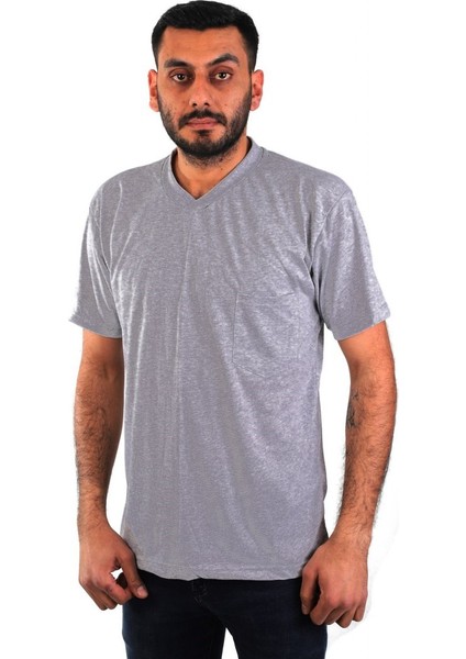 Eserıs V Yaka Kısa Kol Iş Tişörtü - Cepli Regular Fit Gri 4xl