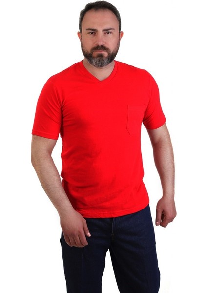 Eserıs V Yaka Kısa Kol Iş Tişörtü Cepli Regular Fit Kırmızı M