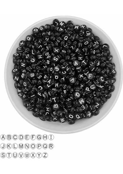 4 x 7 mm Yassı Siyah Zemin Üzeri Beyaz Harf Boncuk basık Oval Alfabe Mektup Boncuk 100 gr 750 Adet