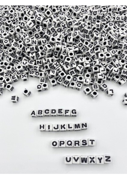 7 mm Beyaz Üzeri Siyah Küp Harf Boncuk 7x7 mm Alfabe Mektup Zar Boncuk 100 gr 370 Adet