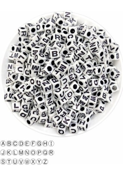 7 mm Beyaz Üzeri Siyah Küp Harf Boncuk 7x7 mm Alfabe Mektup Zar Boncuk 100 gr 370 Adet