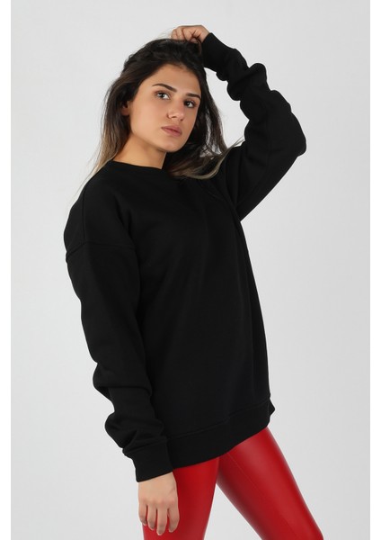 Kadın Sıfır Yaka 3 Iplik Sweatshirt Siyah