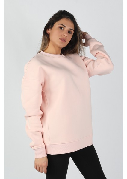 Kadın Sıfır Yaka 3 Iplik Sweatshirt Pembe