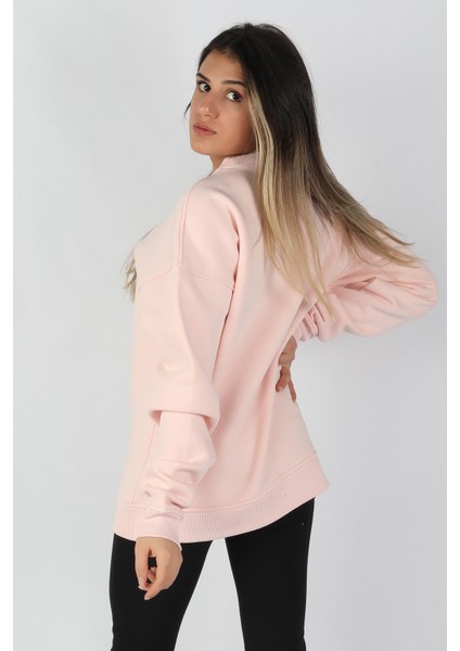 Kadın Sıfır Yaka 3 Iplik Sweatshirt Pembe