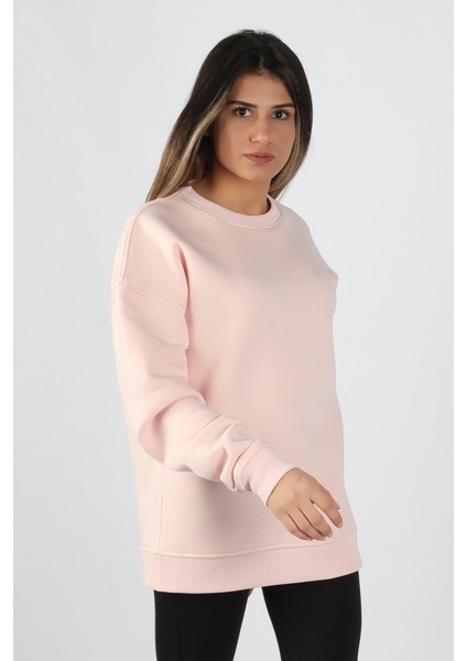 Kadın Sıfır Yaka 3 Iplik Sweatshirt Pembe