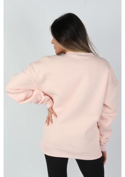 Kadın Sıfır Yaka 3 Iplik Sweatshirt Pembe