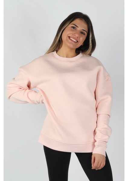 Kadın Sıfır Yaka 3 Iplik Sweatshirt Pembe