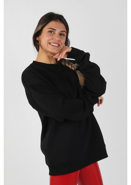 Kadın Sıfır Yaka Baskılı 3 Iplik Sweatshirt Siyah