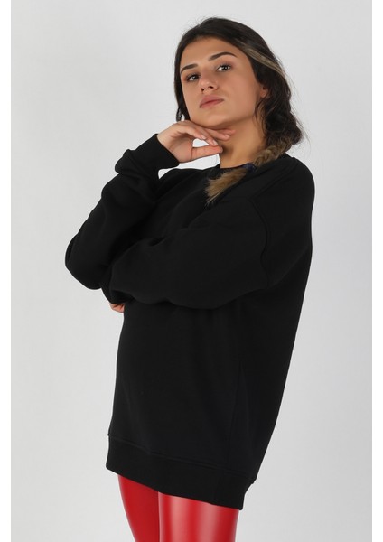 Kadın Sıfır Yaka Baskılı 3 Iplik Sweatshirt Siyah