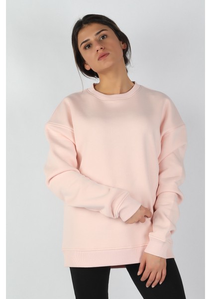Kadın Sıfır Yaka Baskılı 3 Iplik Sweatshirt Pembe