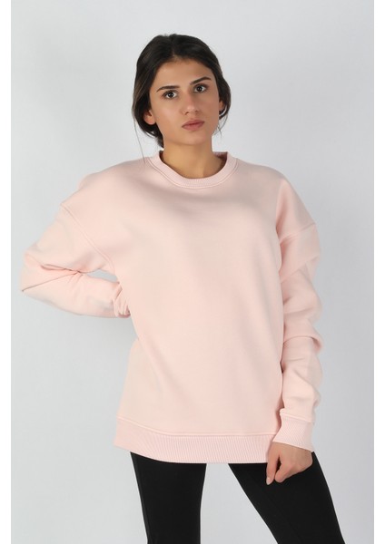 Kadın Sıfır Yaka Baskılı 3 Iplik Sweatshirt Pembe modelleri