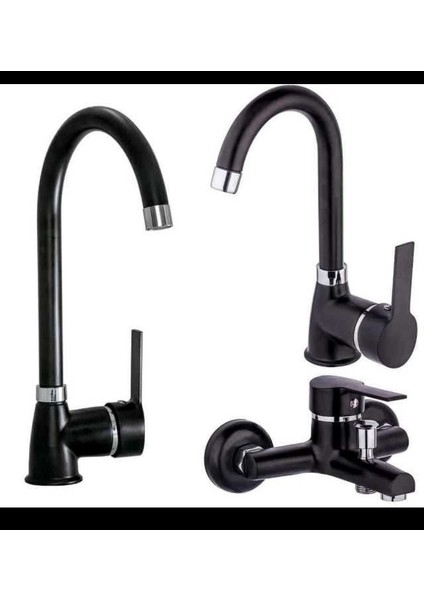 Siyah 3'lu Siyah Batarya Seti Mutfak Lavabo Banyo Bataryas