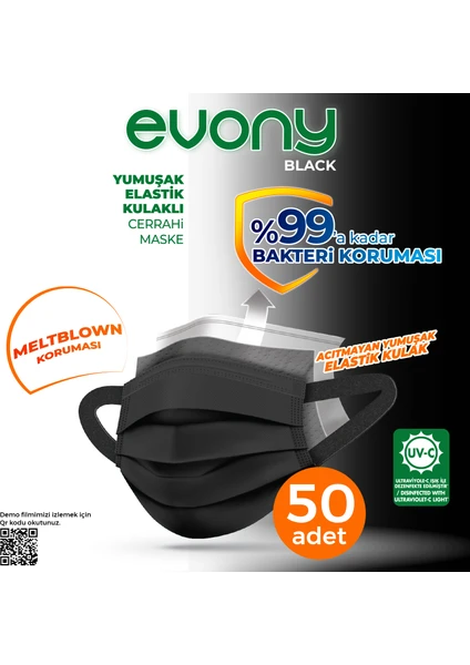 Evony Maske Black Elastik Kulaklı 50 Adet