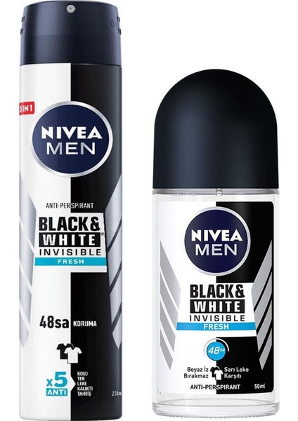 Men Black White Fresh Erkek Deodorant 200 ml + Fresh Roll-On 50 ml