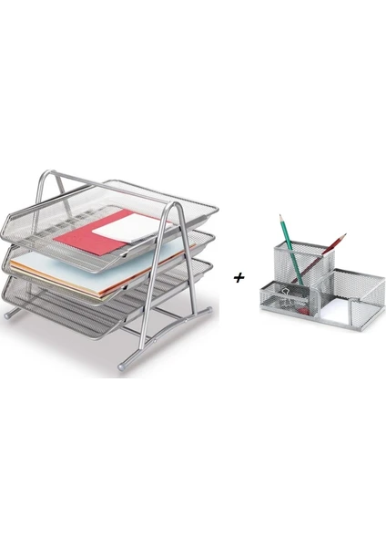Inox Evrak Rafı Metal Fileli 3 Katlı Gümüş + Metal Fileli Kombine Kalemlik Gümüş