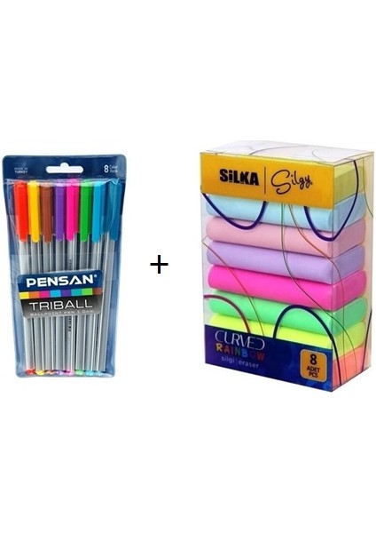 Triball Tükenmez Kalem 8'li + Rainbow Neon Silgi 8'li