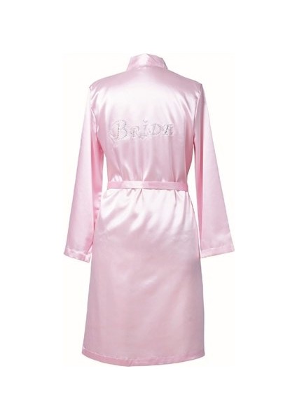 30427 Düz Saten Kumaşlı Arkası Bride Yazılı Kısa Sabahlık - Pembe